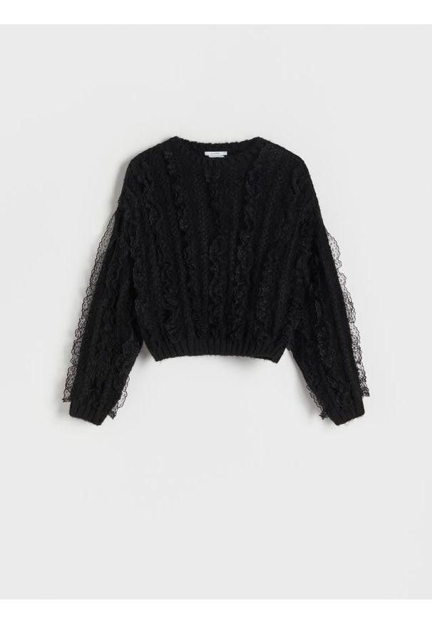 Reserved - Sweter z koronką - czarny. Kolor: czarny. Materiał: koronka. Wzór: koronka. Styl: klasyczny