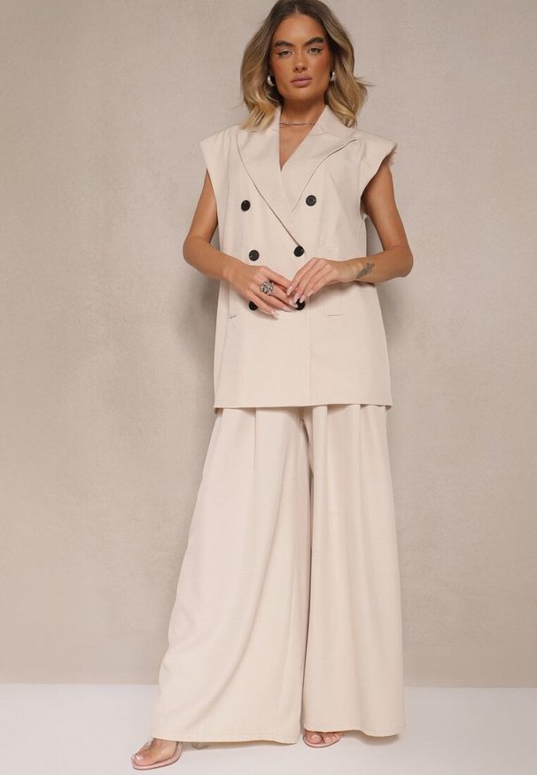 Renee - Beżowe Spodnie Garniturowe o Szerokim Kroju High Waist Peavelle. Stan: podwyższony. Kolor: beżowy. Styl: klasyczny, elegancki