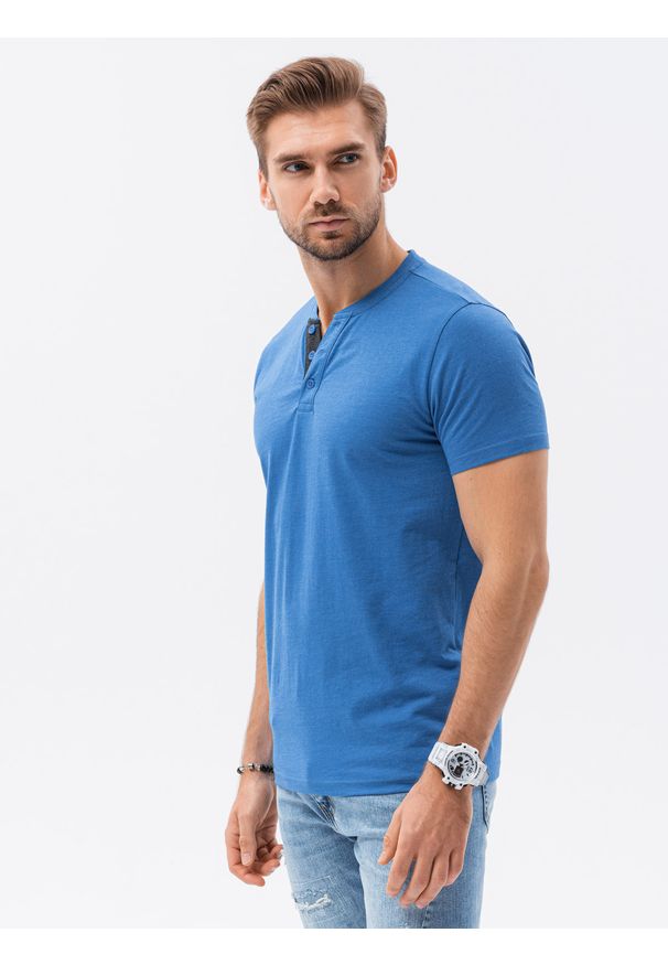 Ombre Clothing - T-shirt męski bez nadruku S1390 - niebieski - XXL. Typ kołnierza: polo. Kolor: niebieski. Materiał: bawełna, jeans, poliester