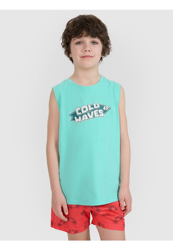 4f - 4F Tank top regular z nadrukiem chłopięcy - turkusowy 122 (6-7 lat). Kolor: turkusowy. Materiał: jersey, bawełna, materiał. Długość rękawa: bez rękawów. Wzór: nadruk. Sezon: lato