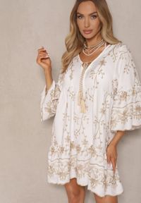 Renee - Biała Sukienka Oversize w Stylu Boho z Wiskozą Zdobiona Haftem Zenhiria. Okazja: na co dzień. Typ kołnierza: dekolt w kształcie V. Kolor: biały. Materiał: wiskoza. Wzór: aplikacja, haft. Typ sukienki: oversize. Styl: boho #4