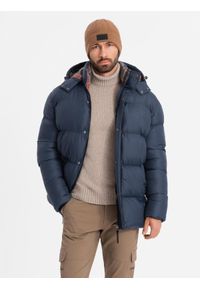 Ombre Clothing - Kurtka męska puffer z podszewką w kratę – granatowa V1 - Rozmiar: S. Kolor: niebieski. Materiał: guma, poliester, materiał, bawełna, syntetyk, nylon. Długość: długie. Wzór: aplikacja #7