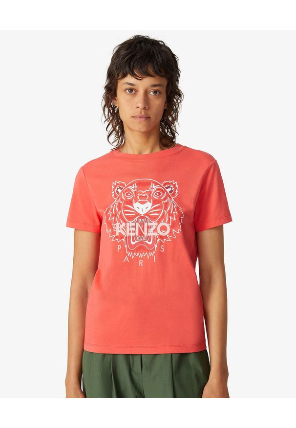 Kenzo - KENZO - Koszulka Tiger. Okazja: na co dzień. Kolor: czerwony. Materiał: bawełna. Wzór: aplikacja, nadruk. Sezon: wiosna. Styl: casual