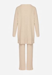 Born2be - Beżowy Prążkowany Komplet Dzianinowy z Bawełną Sweter z Półgolfem i Spodnie Elweda. Kolor: beżowy. Materiał: prążkowany, bawełna, dzianina #5