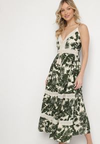 Born2be - Jasnobeżowa Bawełniana Sukienka Rozkloszowana z Koronką w Tropikalny Wzór Alusela. Okazja: na co dzień. Typ kołnierza: dekolt w serek. Kolor: beżowy. Materiał: bawełna, koronka. Długość rękawa: na ramiączkach. Wzór: koronka. Typ sukienki: rozkloszowane. Styl: casual, elegancki #3