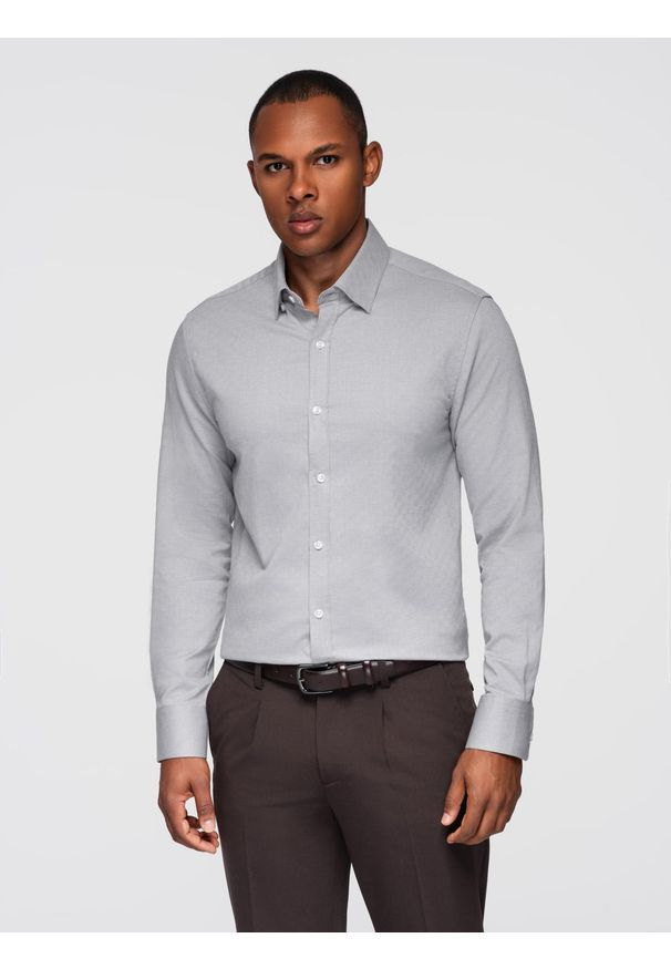 Ombre Clothing - Męska koszula SLIM FIT z ozdobnej tkaniny – szara V2 - Rozmiar: XL. Okazja: do pracy, na co dzień. Kolor: szary. Materiał: tkanina. Wzór: aplikacja, haft, ze splotem. Styl: casual, klasyczny