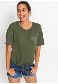 Shirt z ozdobnymi sztrasami bonprix ciemny khaki. Kolor: zielony. Materiał: materiał. Wzór: aplikacja #3