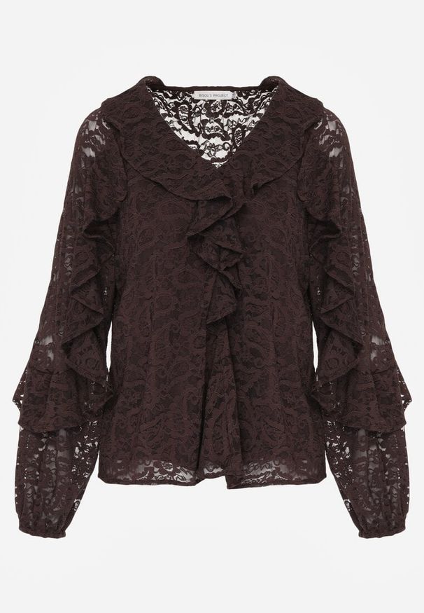 Born2be - Brązowa Bluzka z Koronki Ozdobiona Falbankami Sewola. Typ kołnierza: kołnierz z falbankami. Kolor: brązowy. Materiał: koronka. Wzór: aplikacja, koronka. Styl: elegancki