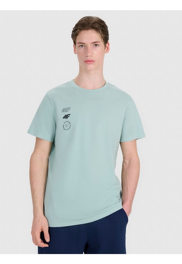 4f - 4F T-shirt regular z nadrukiem męski - turkusowy XL. Okazja: na co dzień. Kolor: turkusowy. Materiał: bawełna, materiał, jersey. Długość rękawa: krótki rękaw. Długość: krótkie. Wzór: nadruk. Styl: klasyczny, sportowy, casual