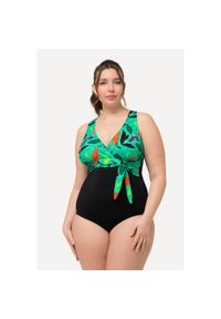 ULLA POPKEN - Damski Strój kąpielowy dekolt typu halter miękkie miseczki wiązanie. Kolekcja: plus size. Kolor: czarny. Materiał: poliester, elastan, poliamid, materiał