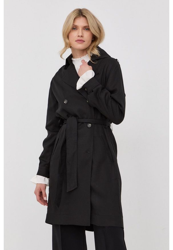 The Kooples trencz damski kolor czarny przejściowy dwurzędowy. Kolor: czarny. Styl: klasyczny