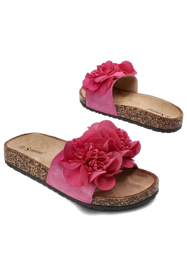 Różowe Klapki Seastar Blue Stylowe Obuwie Damskie Na Lato. Okazja: na co dzień, na spacer. Kolor: różowy. Wzór: kwiaty, aplikacja. Sezon: lato. Styl: elegancki