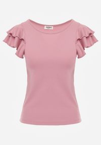Renee - Różowa Gładka Bluzka z Bawełny z Rękawkami z Falbanek Nedaxera. Okazja: na co dzień, na randkę, na imprezę. Typ kołnierza: kołnierz z falbankami. Kolor: różowy. Materiał: bawełna. Długość rękawa: krótki rękaw. Wzór: gładki. Styl: casual #2
