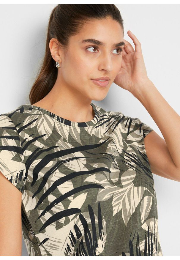 bonprix - T-shirt z bawełny z nadrukiem i minirękawkami. Kolor: zielony. Materiał: bawełna. Wzór: nadruk