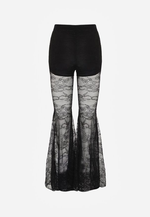 Renee - Czarne Spodnie High Waist o Kroju Dzwonów z Koronki Ferella. Okazja: na randkę. Stan: podwyższony. Kolor: czarny. Materiał: koronka. Wzór: koronka. Styl: klasyczny, elegancki