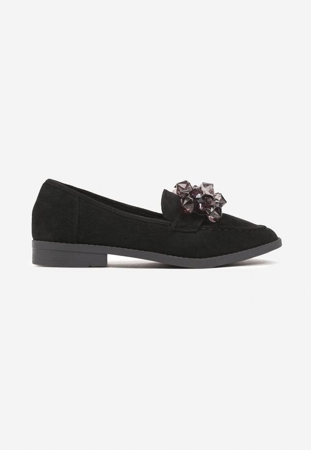 Renee - Czarne Wsuwane Mokasyny z Ozdobnymi Kamieniami Falisse. Okazja: na co dzień. Zapięcie: bez zapięcia. Kolor: czarny. Materiał: jeans. Obcas: na obcasie. Styl: klasyczny, elegancki, casual. Wysokość obcasa: niski