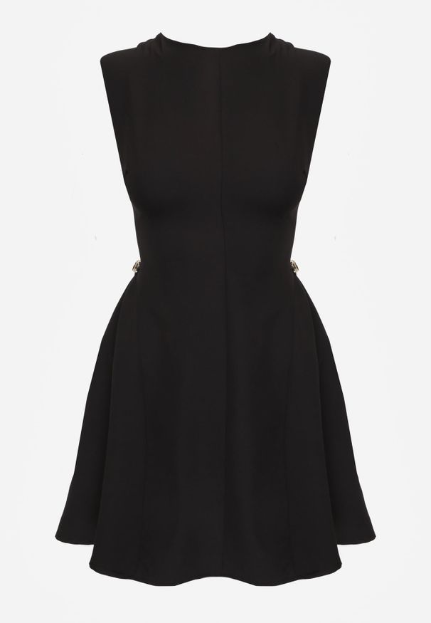 Renee - Czarna Rozkloszowana Sukienka Bez Rękawów z Odpinanymi Aplikacjami w Pasie Maridina. Kolor: czarny. Materiał: tkanina. Długość rękawa: bez rękawów. Wzór: aplikacja. Sezon: lato. Typ sukienki: trapezowe. Styl: klasyczny, elegancki