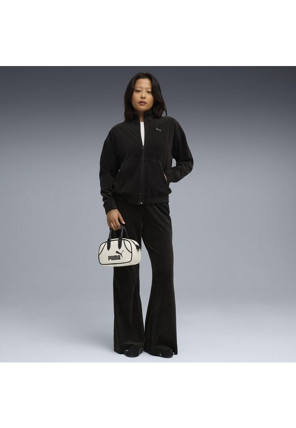 Puma - Damski prążkowany dres z weluru o luźnym kroju PUMA. Kolor: zielony, czarny, brązowy, wielokolorowy. Materiał: dresówka, prążkowany, welur. Sport: fitness