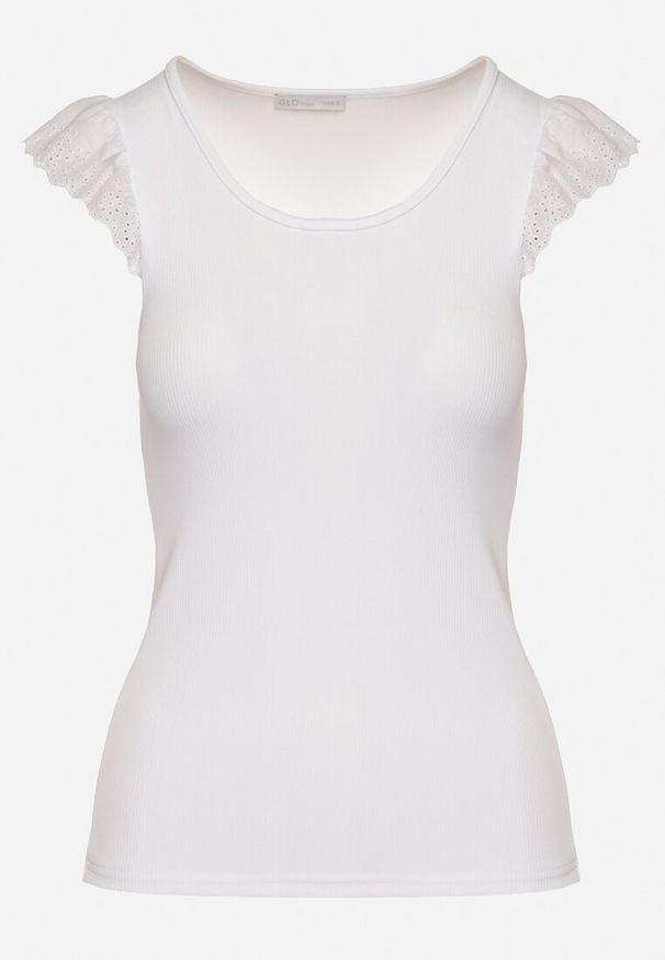 Born2be - Biały Top z Ażurowymi Falbankami Bez Rękawów Sonnelle. Okazja: na co dzień. Typ kołnierza: kołnierz z falbankami. Kolor: biały. Materiał: jeans. Długość rękawa: bez rękawów. Wzór: ażurowy. Styl: elegancki, klasyczny, casual