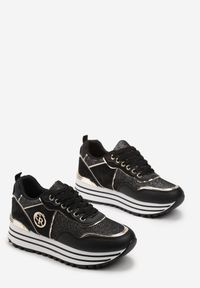 Born2be - Czarne Sneakersy Ozdobione Brokatem i Logo Loppera. Kolor: czarny. Szerokość cholewki: normalna. Wzór: aplikacja. Obcas: na platformie #5