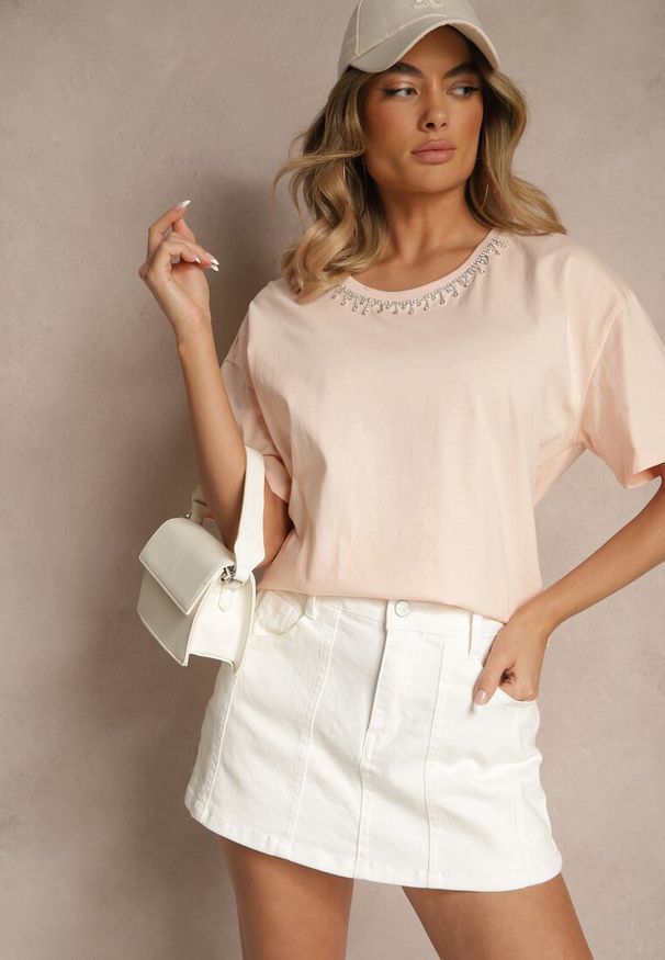Renee - Beżowy T-shirt z Bawełny z Cyrkoniami Fadeola. Okazja: na co dzień. Kolor: beżowy. Materiał: bawełna. Styl: elegancki, casual, klasyczny