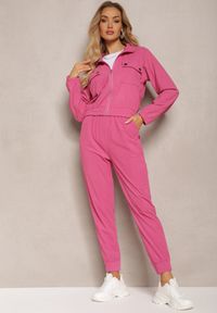 Renee - Fuksjowy Komplet Dresowy w Prążki Bluza Kurtka Rozpinana z Kołnierzykiem i Spodnie Lisulla. Kolor: różowy. Materiał: dresówka. Wzór: prążki. Sport: turystyka piesza #5