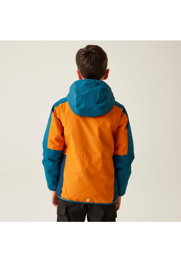 Odblaskowa kurtka przeciwdeszczowa dla dzieci Regatta Volcanics VIII. Kolor: pomarańczowy. Styl: sportowy. Sport: turystyka piesza