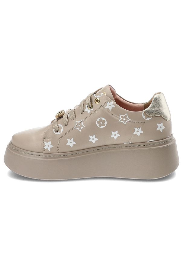 Beżowe Sneakersy Libero Półbuty Damskie Premium. Okazja: na co dzień. Kolor: beżowy. Materiał: skóra. Wzór: kwiaty. Styl: elegancki, casual