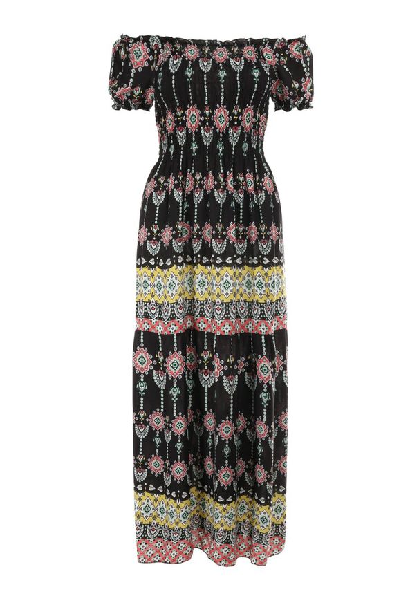 Born2be - Czarna Sukienka z Wiskozy Nesone. Typ kołnierza: dekolt hiszpanka. Kolor: czarny. Materiał: wiskoza. Wzór: kolorowy, aplikacja. Długość: midi