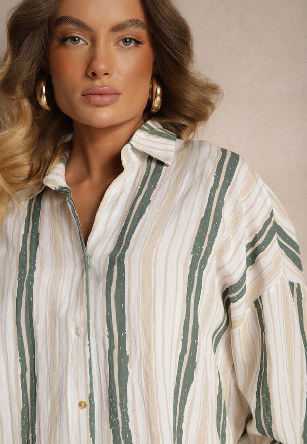 Renee - Beżowa Casualowa Koszula z Bawełny w Paski Sileata. Okazja: na co dzień. Kolor: beżowy. Materiał: bawełna. Wzór: paski. Styl: casual