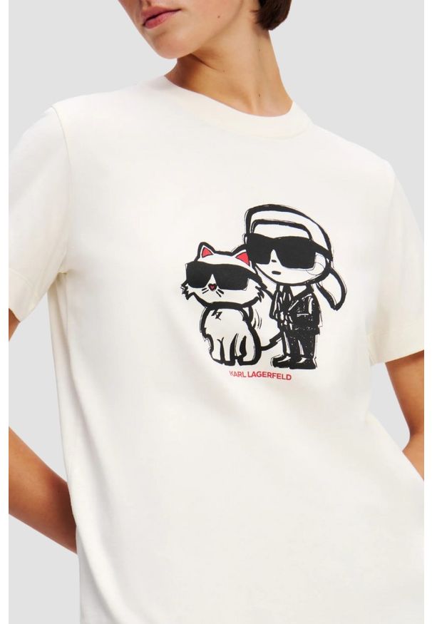 Karl Lagerfeld - KARL LAGERFELD Beżowy damski t-shirt Ikon Sketch Duo. Kolor: beżowy. Materiał: materiał. Wzór: nadruk