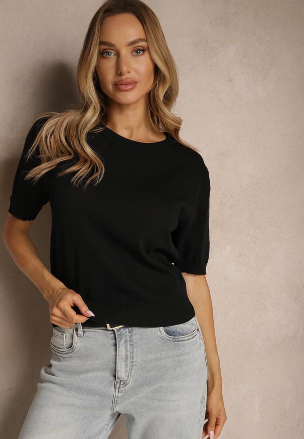 Renee - Czarna Dzianinowa Bluzka z Wiskozą z Lekkimi Bufkami w Ramionach Afevia. Kolor: czarny. Materiał: dzianina, wiskoza. Styl: klasyczny, elegancki