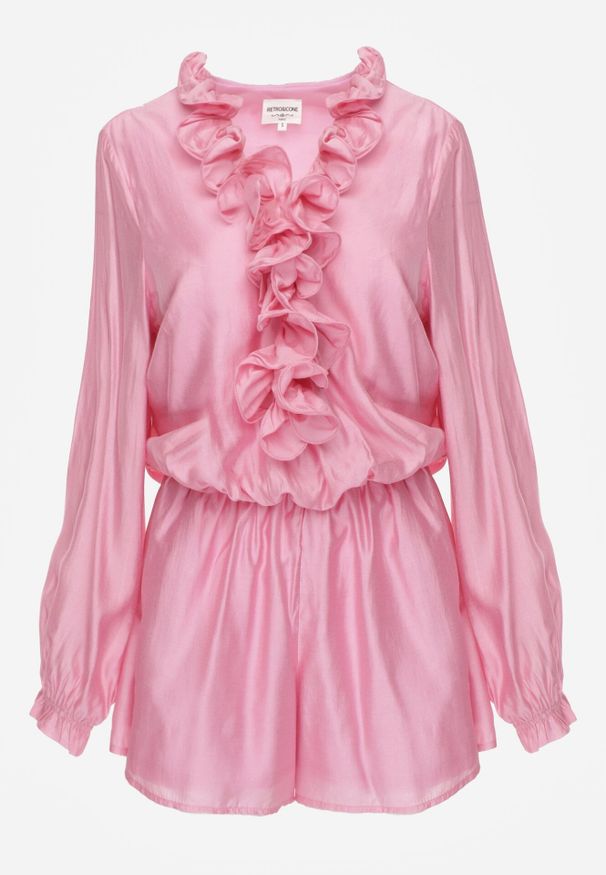 Born2be - Różowy Krótki Kombinezon Ozdobiony Żabotem Menimei. Okazja: na co dzień. Kolor: różowy. Materiał: materiał, poliester. Długość: krótkie. Wzór: aplikacja. Styl: elegancki, klasyczny, casual