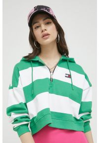 Tommy Jeans bluza bawełniana damska kolor zielony z kapturem wzorzysta. Typ kołnierza: kaptur. Kolor: zielony. Materiał: bawełna. Długość: krótkie. Wzór: aplikacja #4