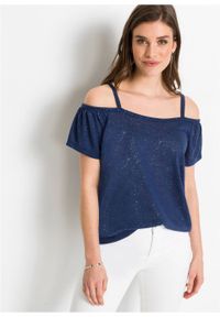 Shirt cold-shoulder z brokatowym połyskiem bonprix kobaltowy. Kolor: niebieski. Długość rękawa: na ramiączkach #2