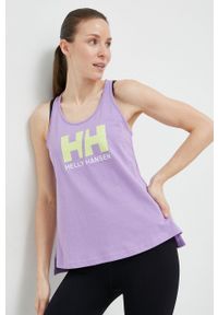 Helly Hansen top bawełniany kolor fioletowy 33838-002. Kolor: fioletowy. Materiał: bawełna. Długość rękawa: na ramiączkach. Długość: długie. Wzór: nadruk