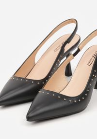 Renee - Czarne Sandały Slingback na Szpilce z Aplikacją z Nitami Sewluna. Kolor: czarny. Materiał: koronka. Wzór: aplikacja. Obcas: na szpilce. Styl: elegancki. Wysokość obcasa: średni #7