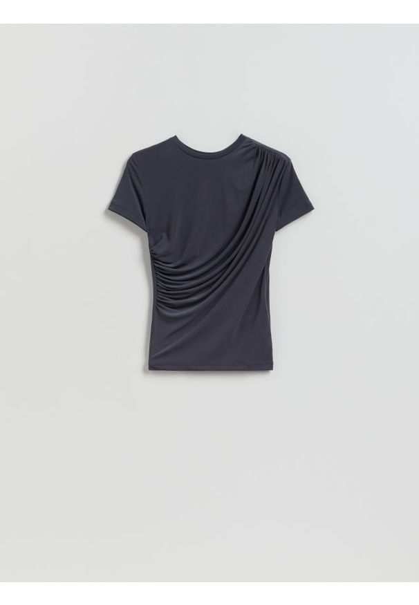 Reserved - T-shirt z ozdobnym marszczeniem - ciemnoszary. Kolor: szary. Materiał: dzianina. Wzór: gładki