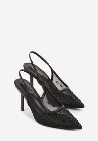 Renee - Czarne Sandały Slingback na Szpilce z Siateczki Zdobione Cyrkoniami Lilinyra. Nosek buta: szpiczasty. Kolor: czarny. Materiał: skóra. Wzór: aplikacja. Obcas: na szpilce. Styl: elegancki #5
