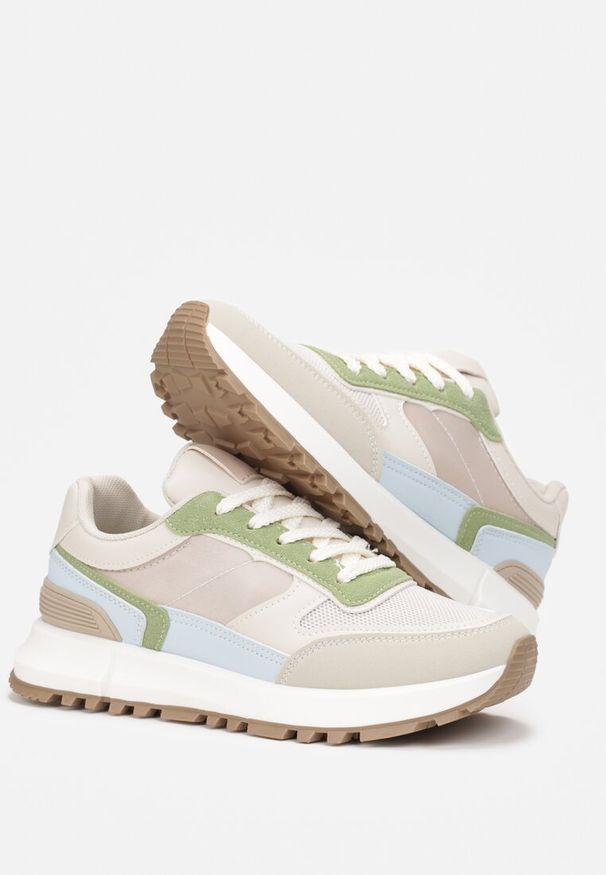 Renee - Zielono-Beżowe Sneakersy Sznurowane z Wstawkami Danielys. Wysokość cholewki: przed kostkę. Kolor: beżowy, szary. Materiał: materiał. Szerokość cholewki: normalna