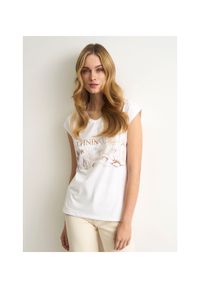 Ochnik - Biały T-shirt ze złotym nadrukiem damski. Kolor: biały. Materiał: bawełna. Wzór: nadruk #1