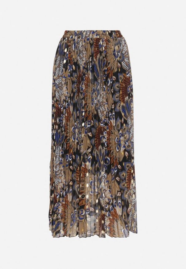 Born2be - Czarna Plisowana Spódnica z Metalicznym Nadrukiem Firolene. Okazja: na co dzień. Stan: podwyższony. Kolor: czarny. Wzór: nadruk. Styl: elegancki, klasyczny, casual