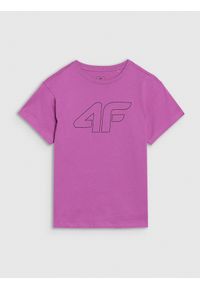 4f - T-shirt oversize z nadrukiem dziewczęcy - fioletowy. Okazja: na co dzień. Kolor: fioletowy. Materiał: bawełna, jersey, dzianina. Wzór: nadruk. Styl: sportowy, casual, klasyczny