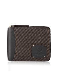 PAOLO PERUZZI - Portfel męski brązowy zapinany na zamek skóra naturalna i bawełniany canvas Paolo Peruzzi AY-07-BR. Kolor: brązowy. Materiał: skóra #1