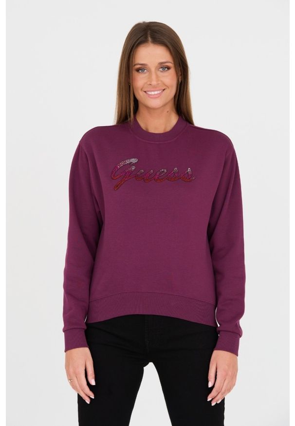 Guess - GUESS Bordowa damska bluza z cyrkoniami, Rozmiar L. Kolor: czerwony