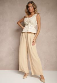 Renee - Beżowe Szerokie Spodnie Typu Palazzo High Waist Araneira. Okazja: na co dzień, na spotkanie biznesowe, na spacer. Stan: podwyższony. Kolor: beżowy. Styl: biznesowy, elegancki, casual