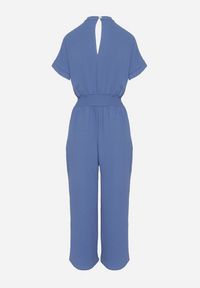 Born2be - Granatowy Kombinezon z Wiskozy z Gumką w Talii i Dekoltem w Serek z Guzikami Nisella. Okazja: na co dzień. Kolor: niebieski. Materiał: wiskoza. Długość rękawa: krótki rękaw. Długość: krótkie. Styl: elegancki, casual #2