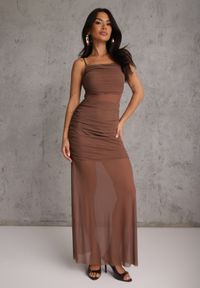 Renee - Brązowa Koktajlowa Eteryczna Sukienka z Transparentnymi Elementami Dioreisis. Kolor: brązowy. Materiał: wiskoza, materiał. Długość rękawa: na ramiączkach. Wzór: gładki. Styl: wizytowy. Długość: midi #3
