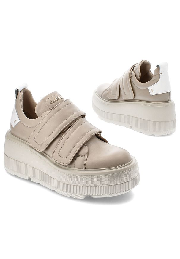 Beżowe Sneakersy Carinii Modne Obuwie Damskie. Okazja: na co dzień. Zapięcie: rzepy. Kolor: beżowy. Materiał: skóra. Szerokość cholewki: normalna. Styl: elegancki, casual