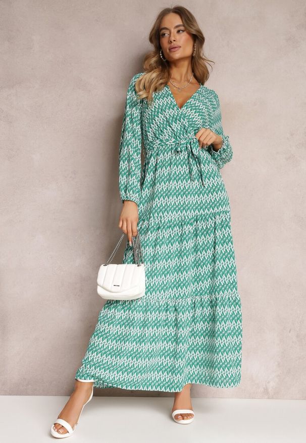 Renee - Zielona Sukienka Rozkloszowana z Gumką w Pasie Kefem. Kolor: zielony. Materiał: materiał, tkanina. Długość rękawa: długi rękaw. Typ sukienki: kopertowe. Styl: boho. Długość: maxi